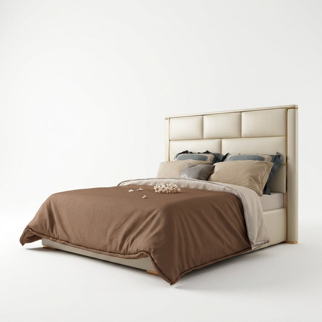 Leather double bed in modern style made of real wooden frame & stainless steel 180x200cm size