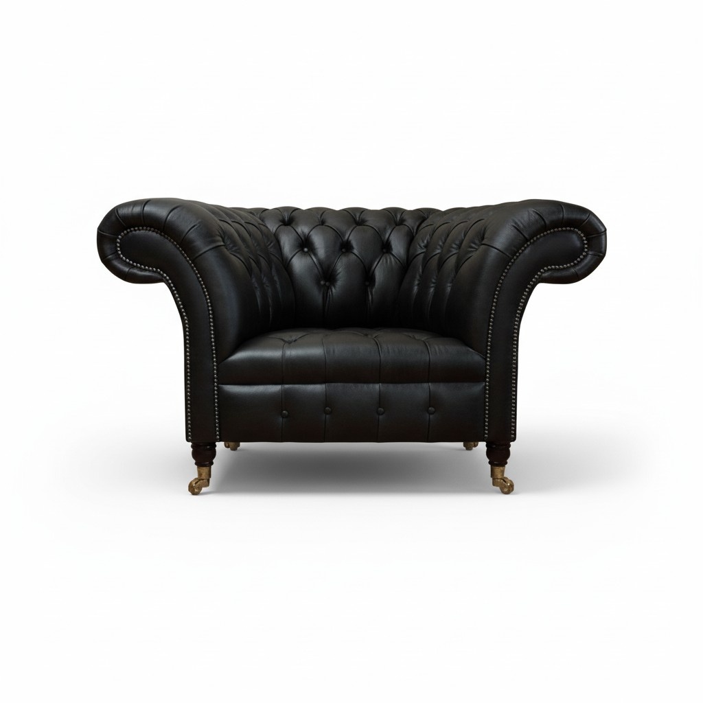 Designer furnishings Chesterfield armchair black leather seat living room