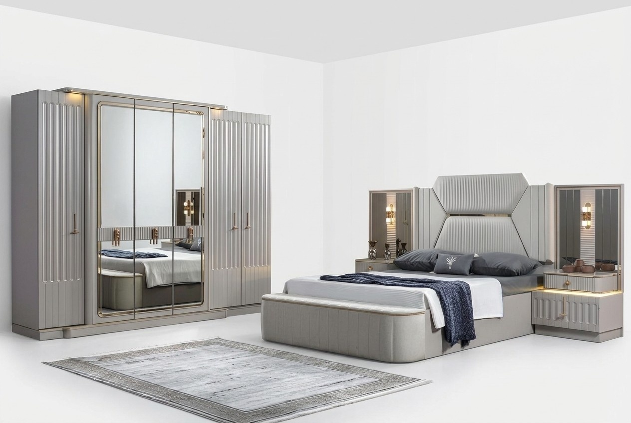 Designer furniture 4-piece bedroom set bed 2x bedside table closet