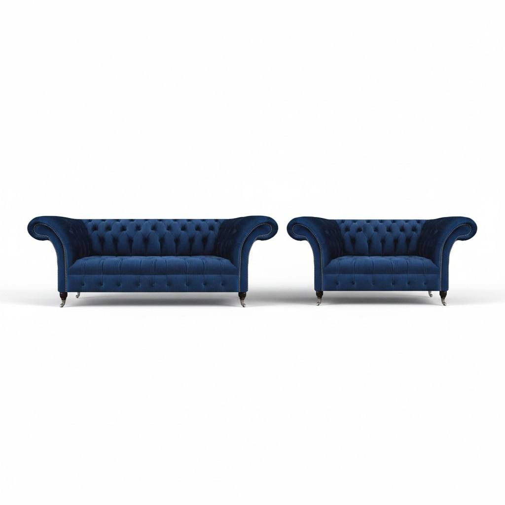 Designer furniture living room Chesterfield blue 2x sofas upholstered furniture decor