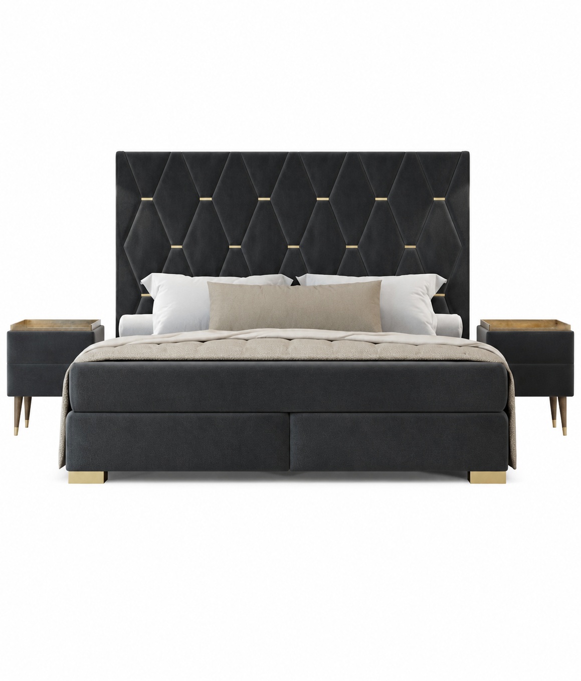 Designer gray bedroom set stainless steel double bed bedside tables