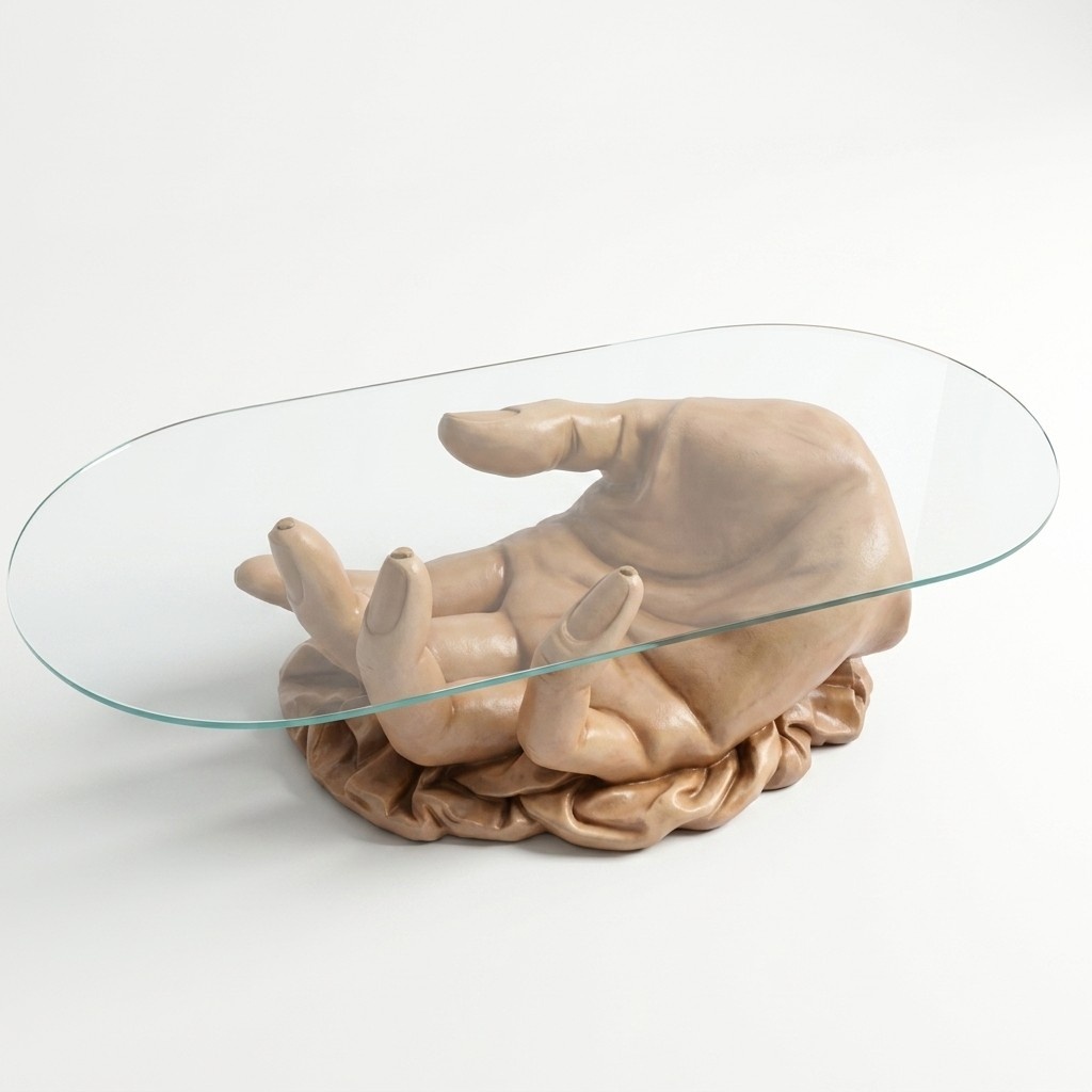 Oval glass coffee table with a decorative massive hand figure 45cm
