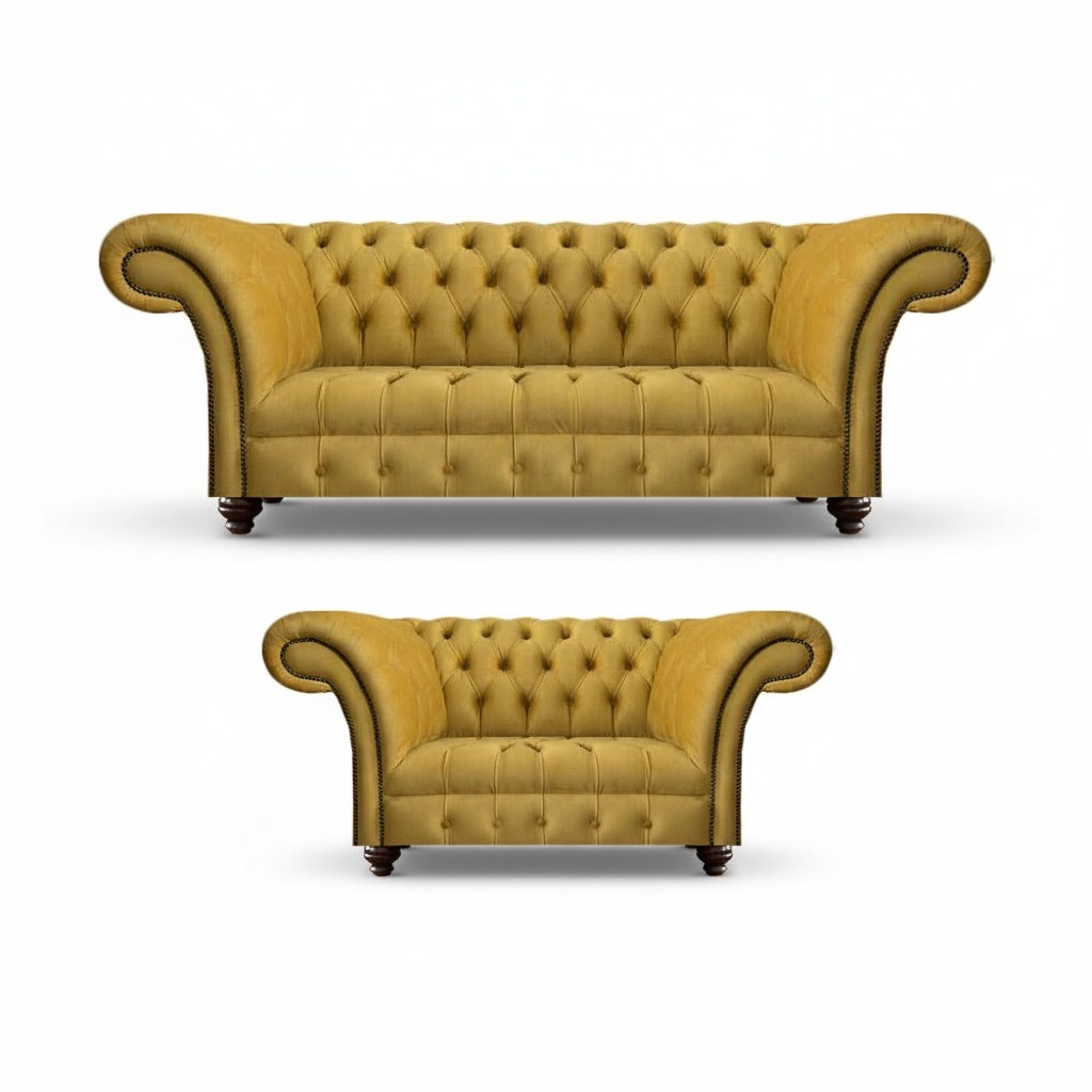 Designer Living Room Modern Yellow Sofa Set 2x Chesterfield Sofas