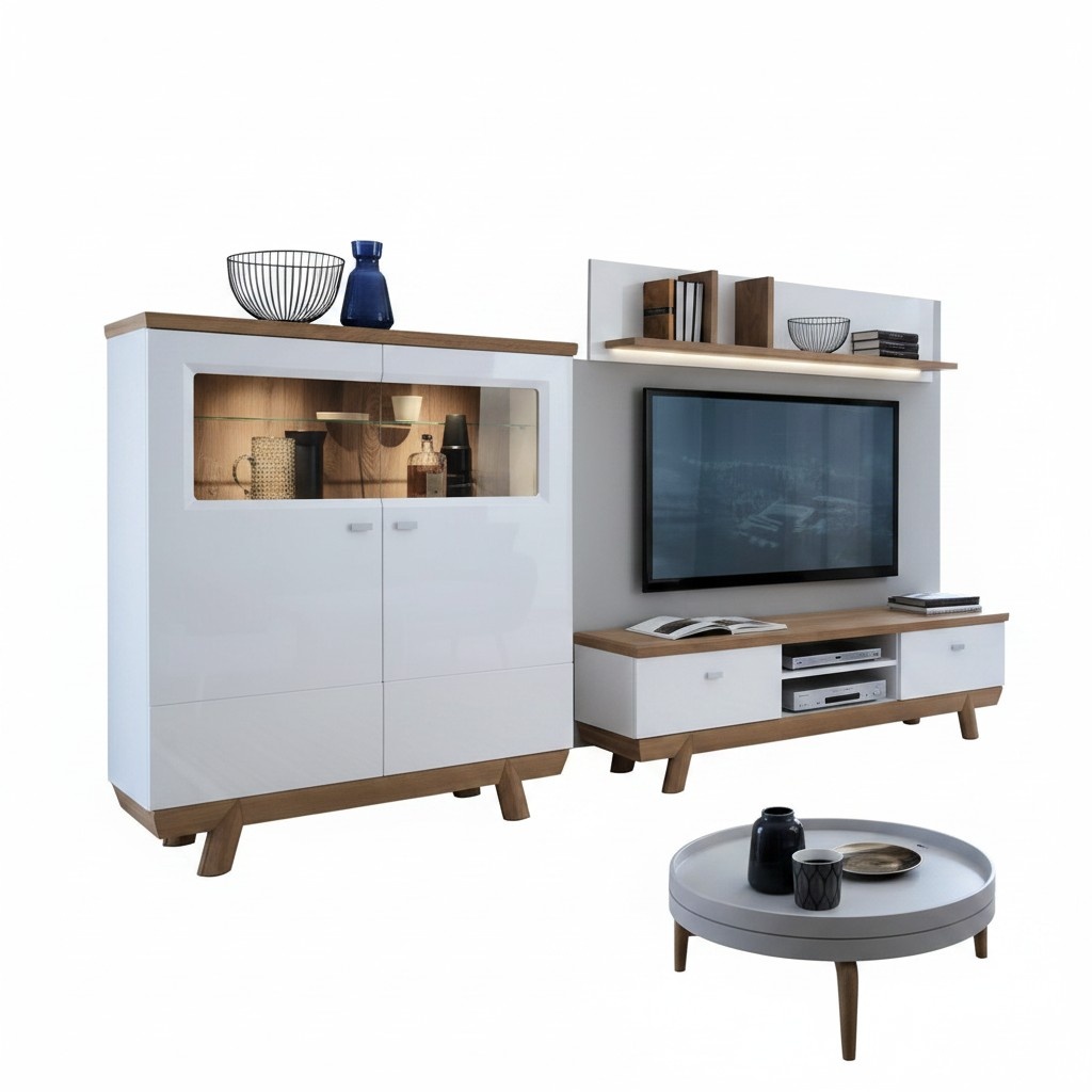Designer Living Room Set 3 pcs Modern Wall Unit TV Lowboard Media Furniture Shelves