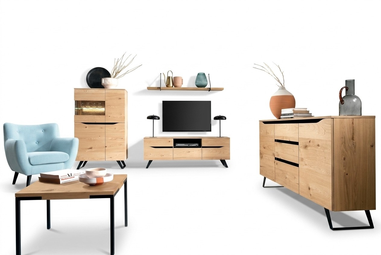Designer living wall modern wooden furniture TV lowboard living room set 4 pieces.