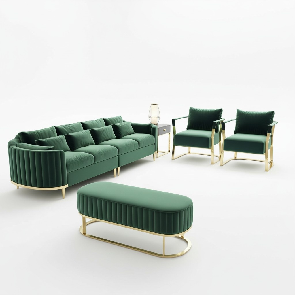 Designer Luxury Couch Green Set Upholstery Set Textile Velvet Fabric Sofa 311 Seater