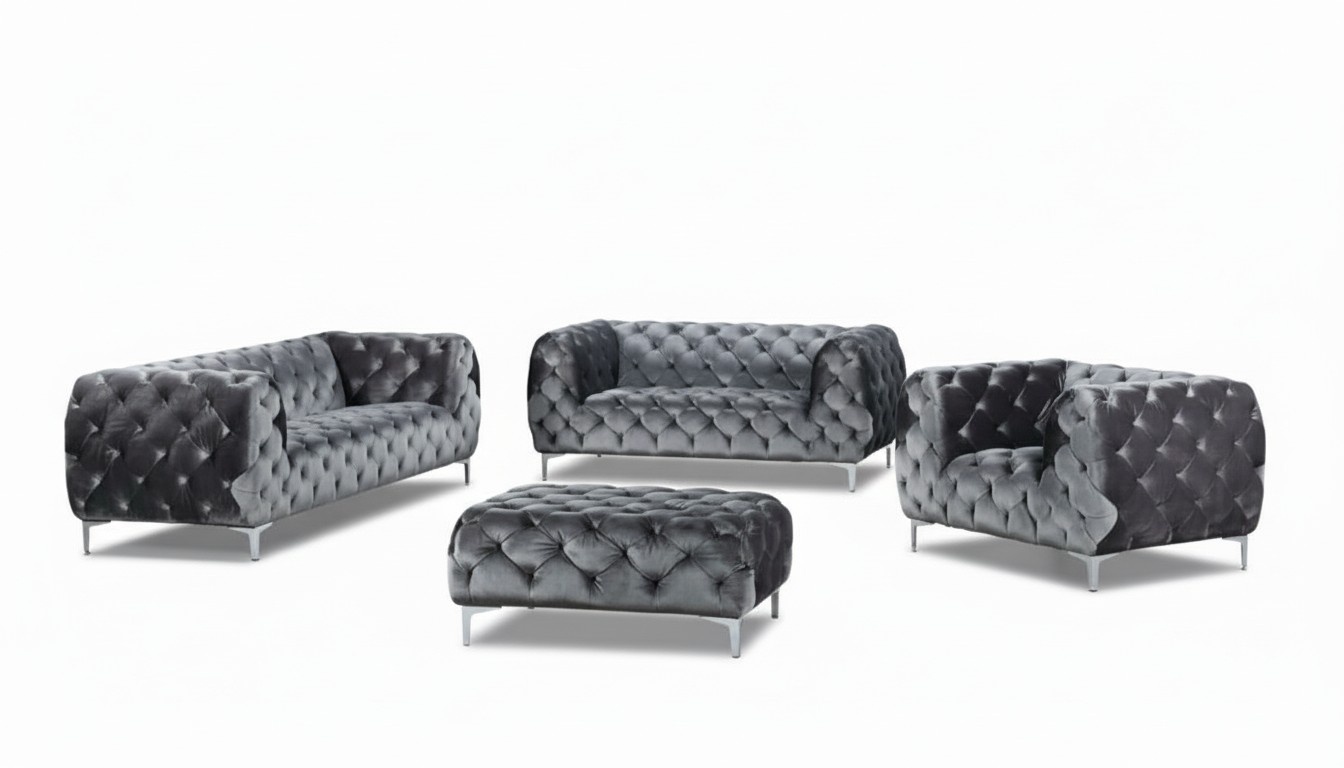 Chesterfield Complete Sofa Set 3+2+1 Seaters + Stool Grey Textile Upholstered Classic Couches New