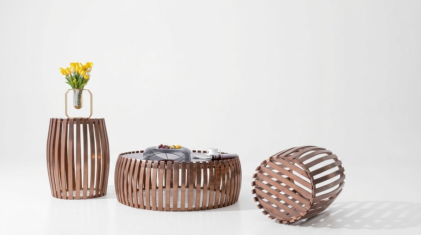 Designer Metal Stainless Steel Couch Glass Table + Side Tables 2 pcs Set