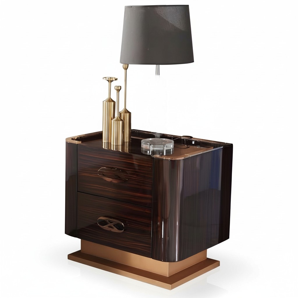 Modern style designer made of real wooden gloss bedside table with 2-sliding drawers