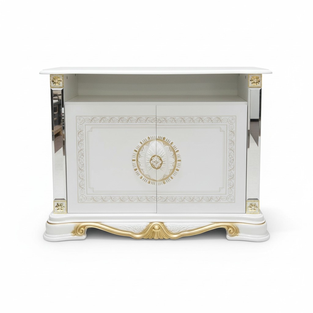 Luxury rococo style massive gloss TV lowboard with 2-swing doors & shelf, italian furniture