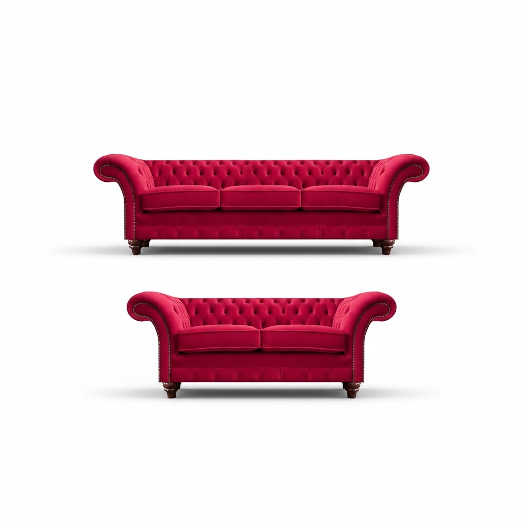 Designer Rote Chesterfield Couches Modern Upholstered Fabric Sofas 2-Piece Set