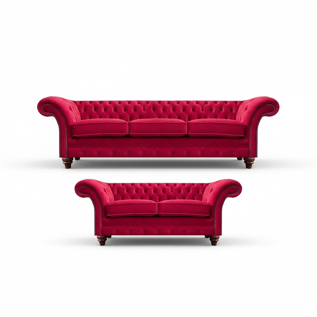 Designer Rote Chesterfield Couches Modern Upholstered Fabric Sofas 2-Piece Set