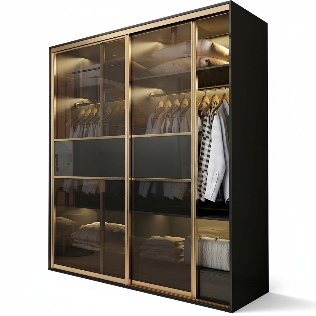 Modern style massive stainless steel wardrobe with glass sliding doors & lights