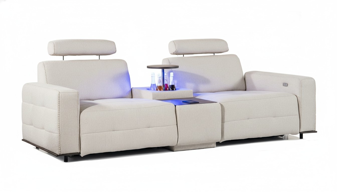 Designer Sofa 3-Seater Modern Living Room Couch Upholstered Beige Sofa with Console