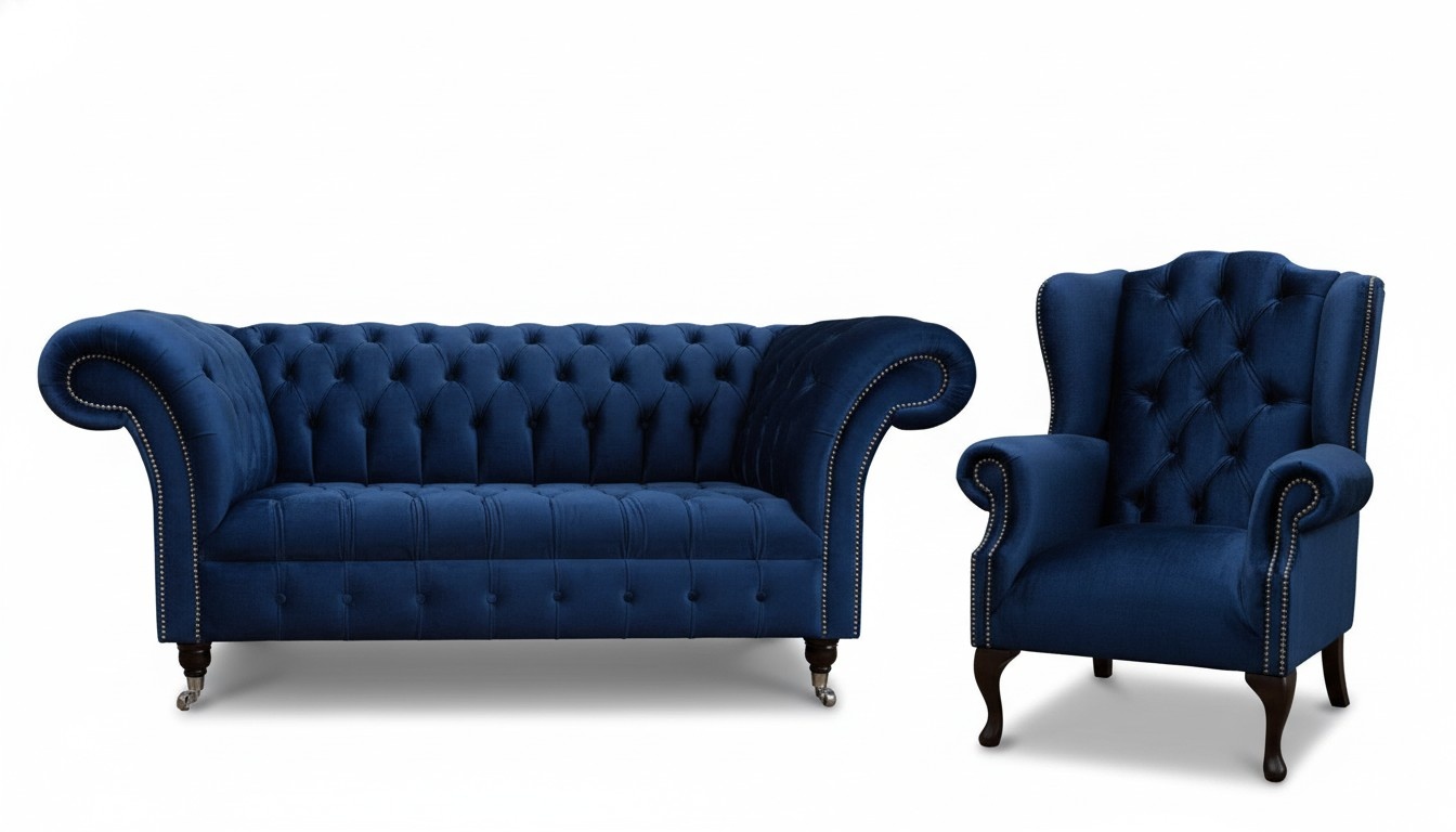 Chesterfield Sofa 2-seater Couch + Wing Chair Blue Textile Couches on Casters New - Best Price & Quality Online at jvfurniture.co.uk