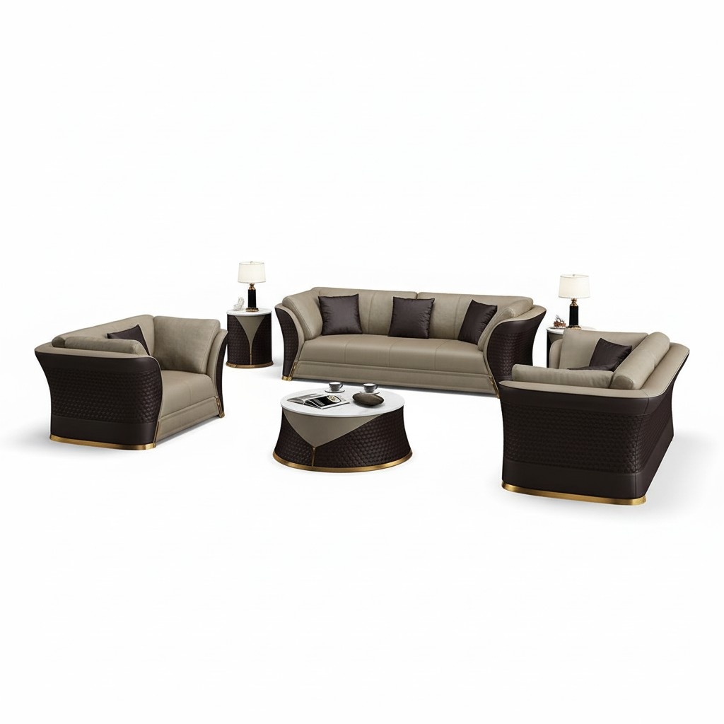Designer sofa couch upholstery set 6 pieces. Set leather trimmings coffee table table