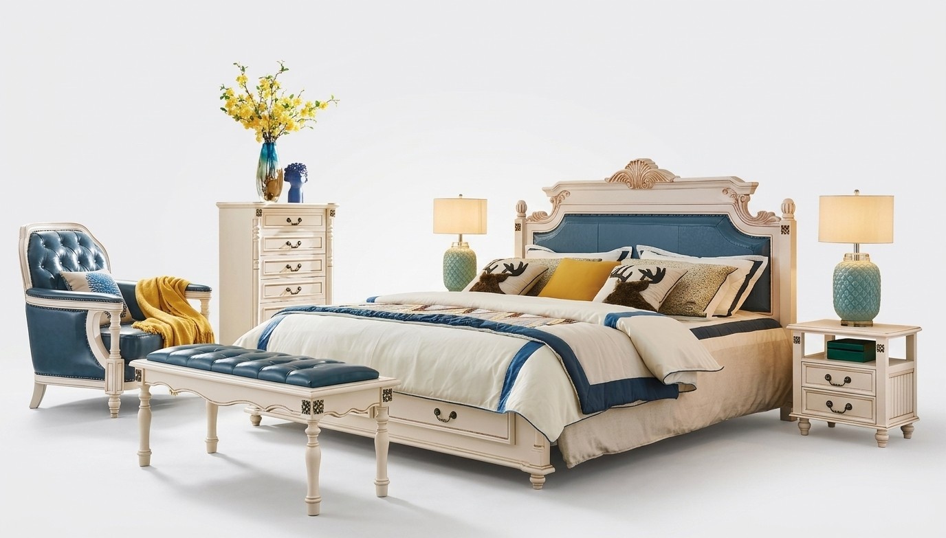 Designer Upholstered Double Bed Beds Bedroom Marriage Bed Leather Colonial Style