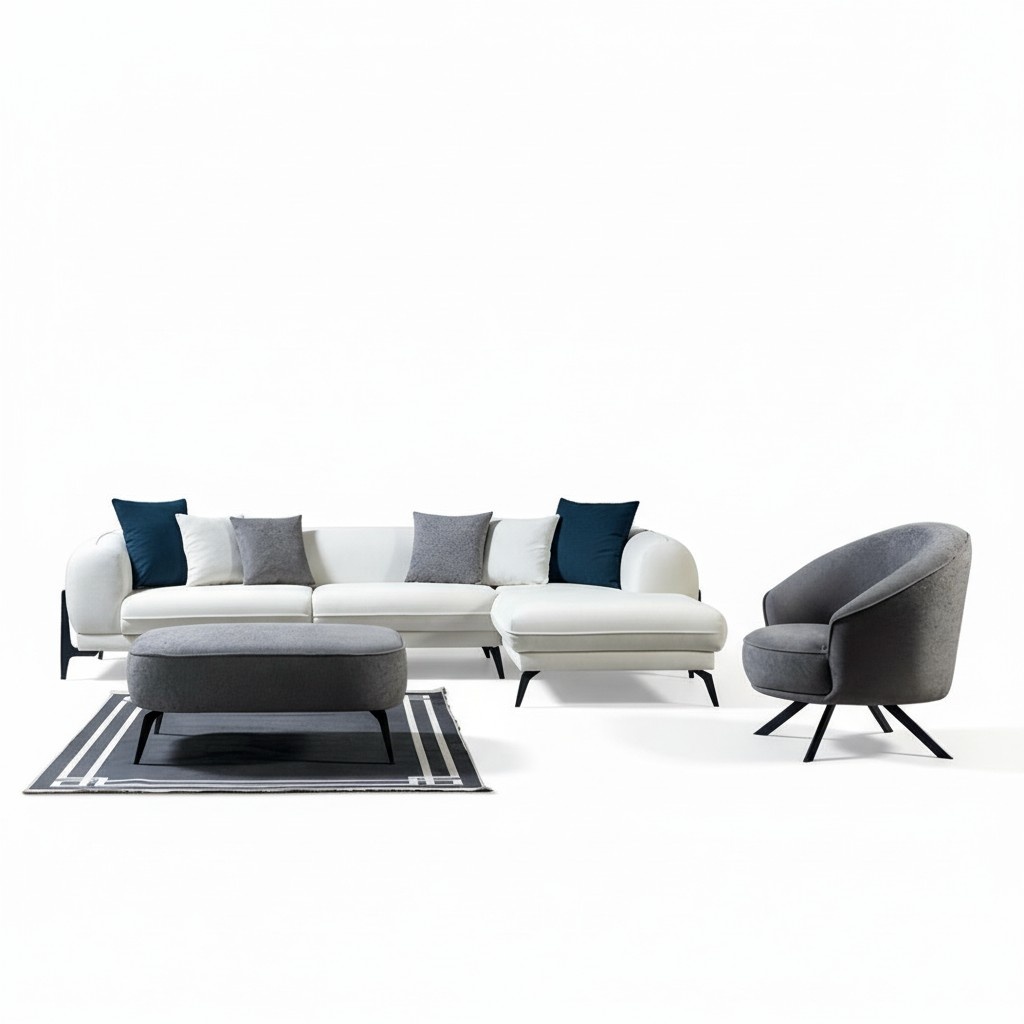 Designer White-Grey Sofa Set Luxury L-Shape Couch Designer Armchair