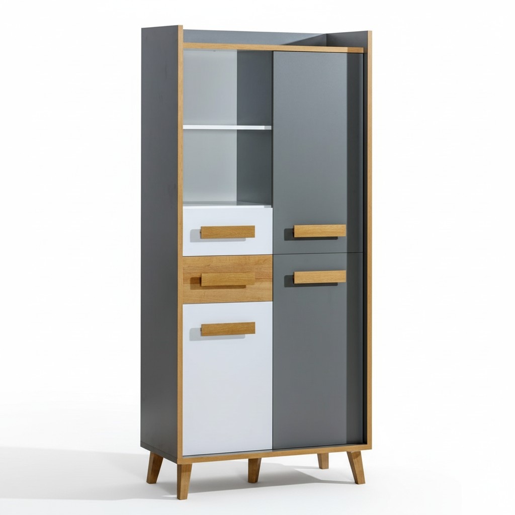 Designer multi-functional massive wardrobe in modern style made of real wooden frame