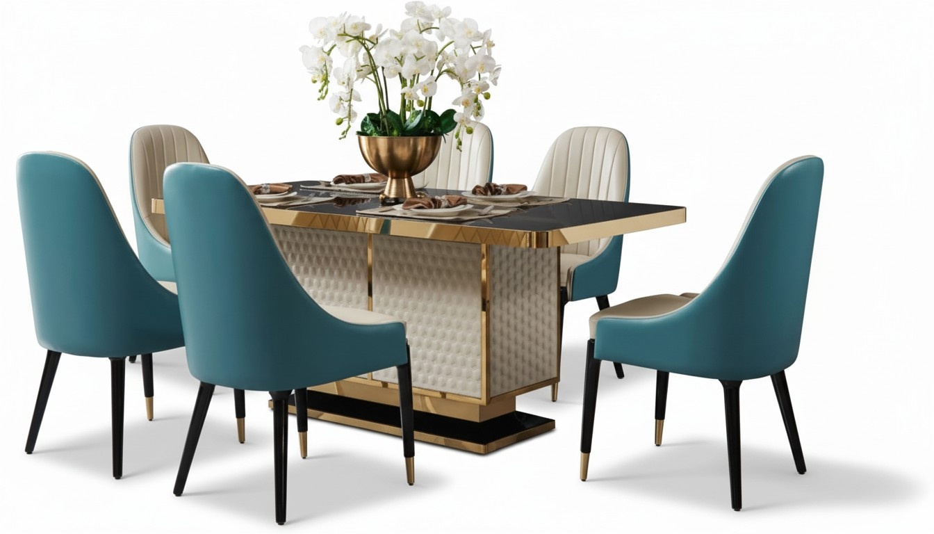 Designer Wooden Dining Living Room Set Table 4x Armchairs Set Upholstery 5pcs