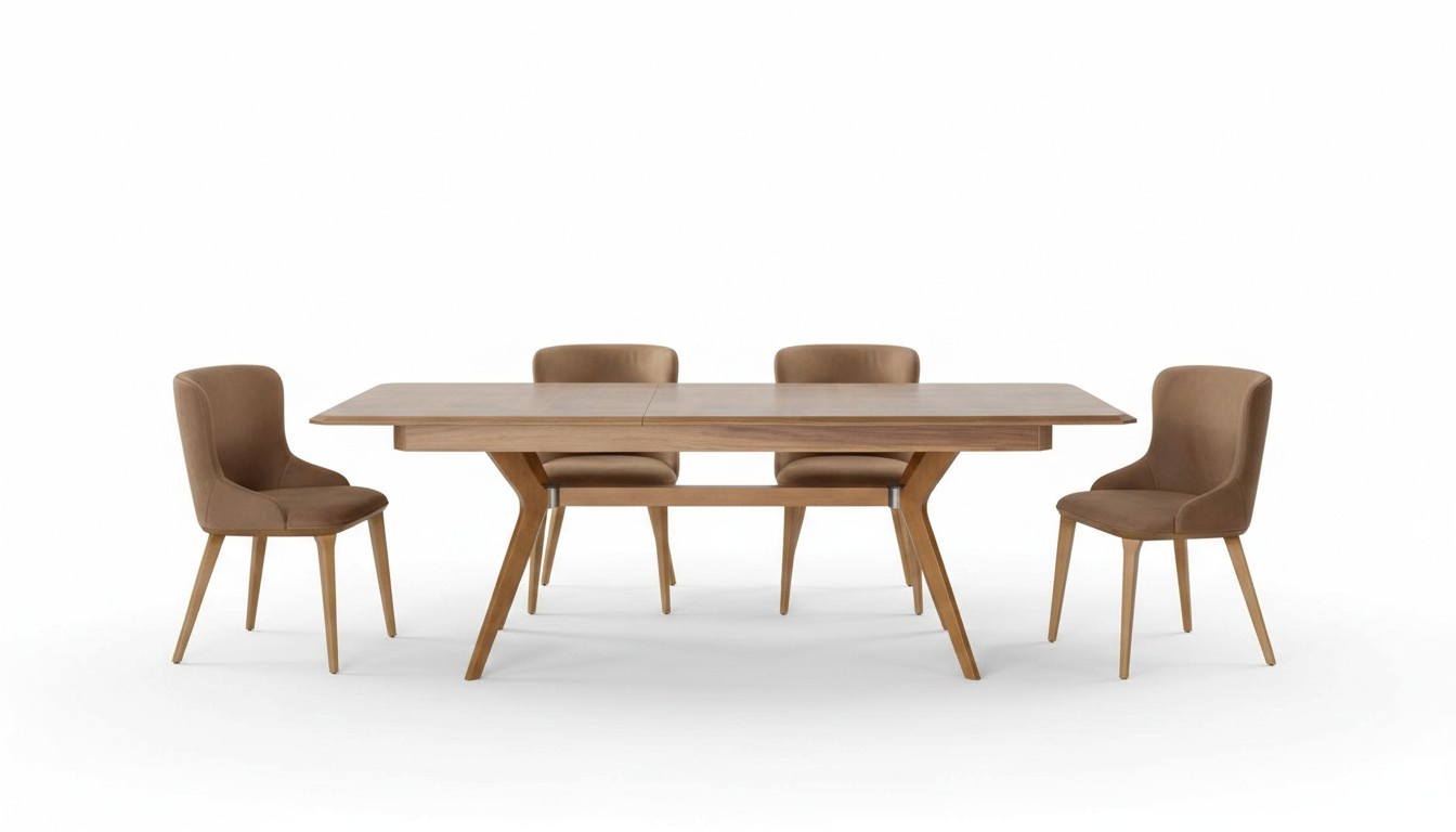 Designer wooden dining room set, table, 4x armchairs, set of upholstery, 5 pieces