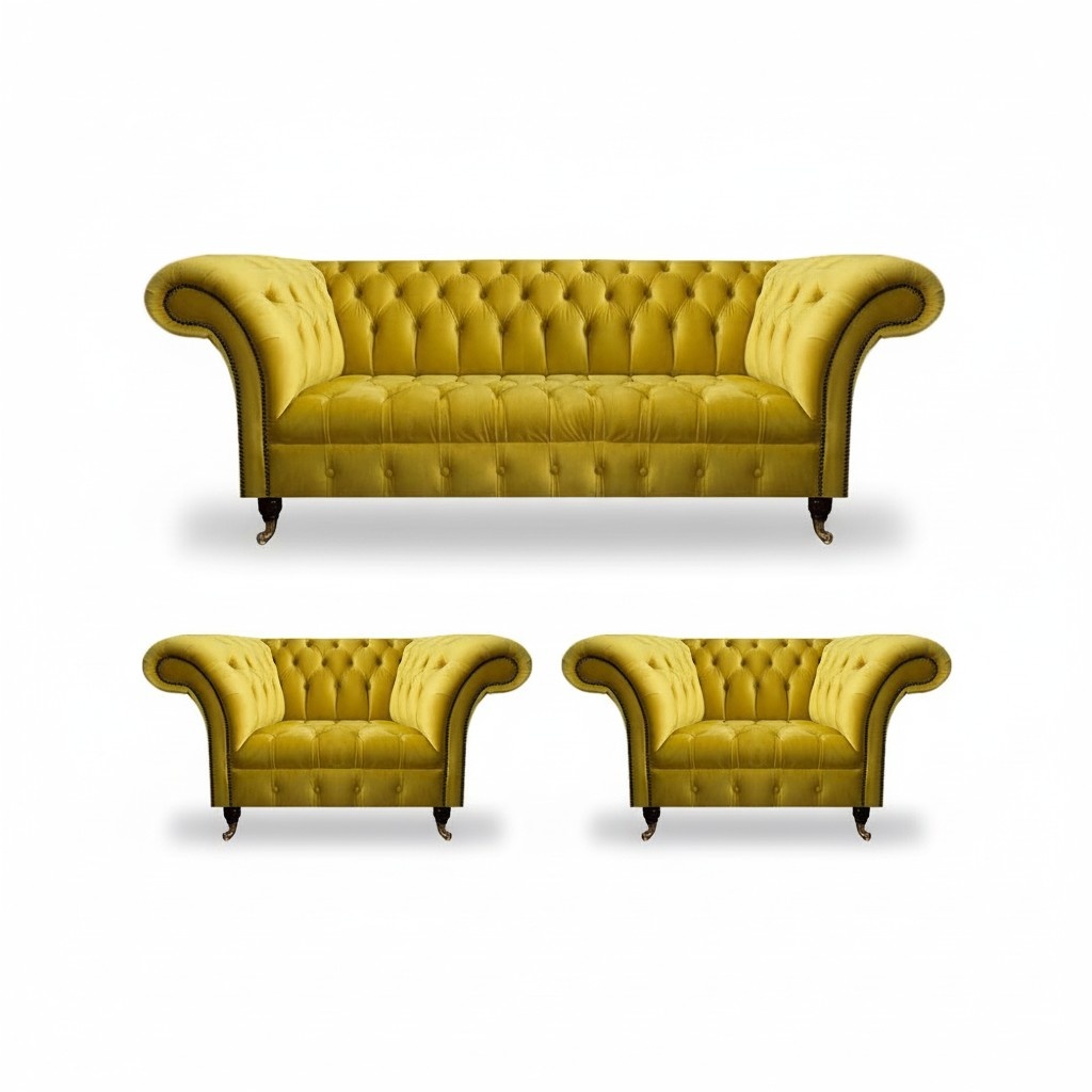 Designer Yellow Chesterfield Upholstery Suite Complete Textile 3-piece Set