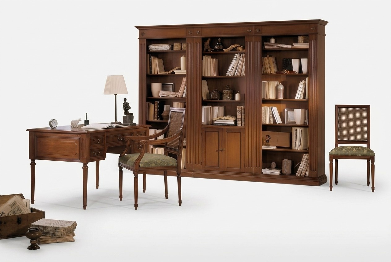 Wooden desk and chair with armrests, bookcase, office furniture design, 3 pieces