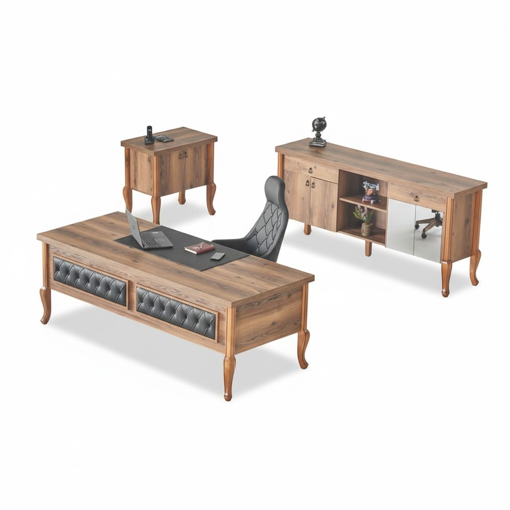 Desk executive chair sideboard chest of drawers office furniture brown black