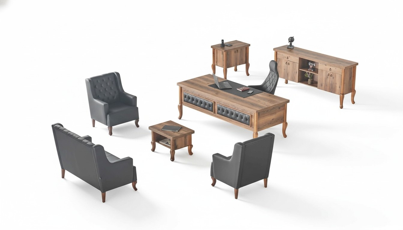 Desk, executive chair, sideboard, seating furniture, office equipment, wood, leather sofas.