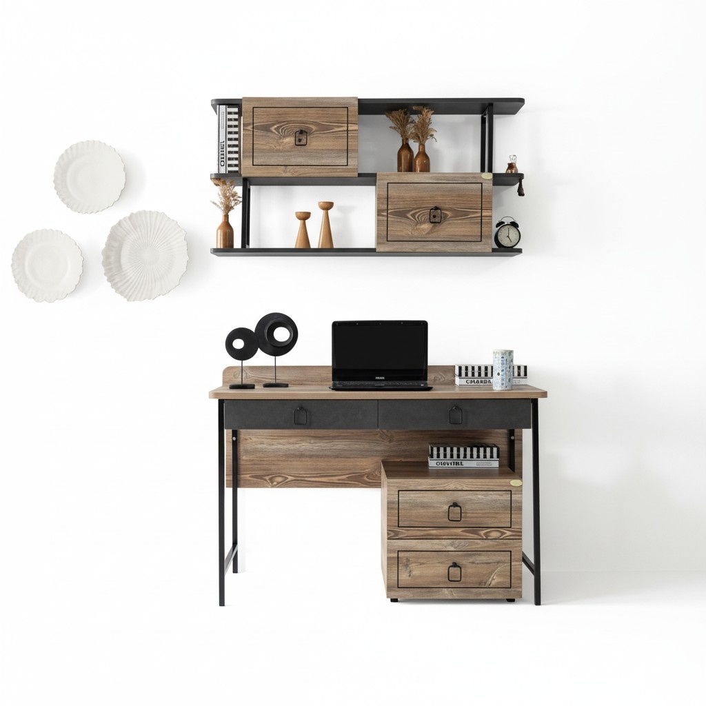 Desk Wood Drawers Metal Accents Black Modern Work Office Furniture