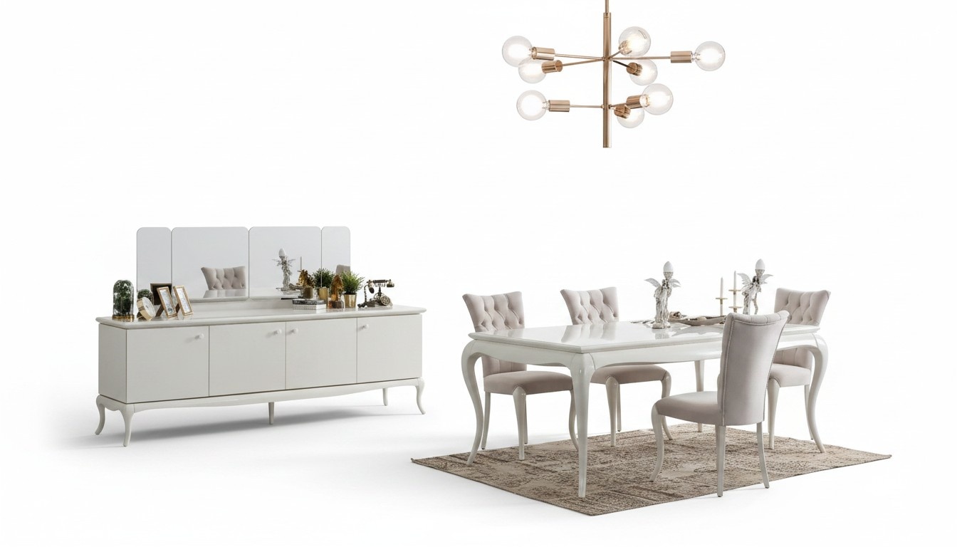 Dining group dinette dining room dining table wood white set 7-piece sideboard
