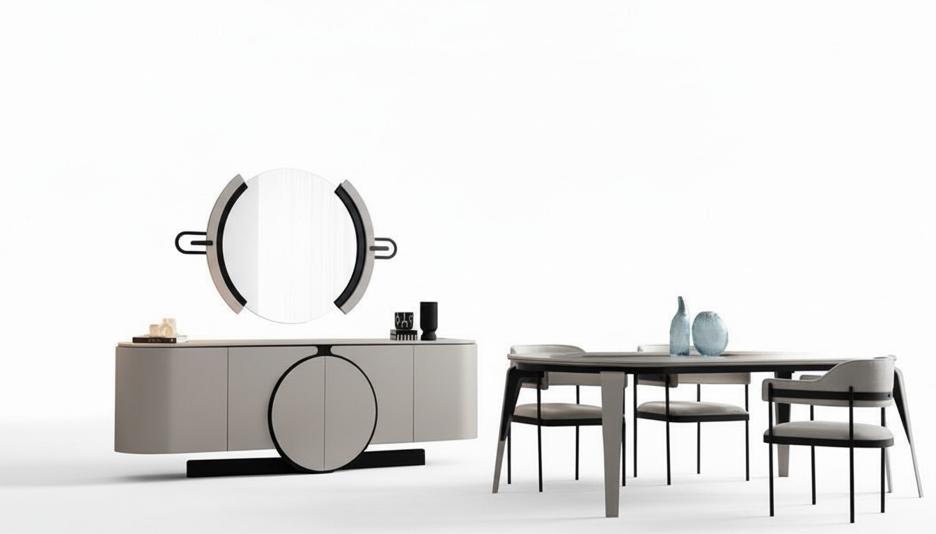 Dining table set with 4 chairs, sideboard, mirror, white