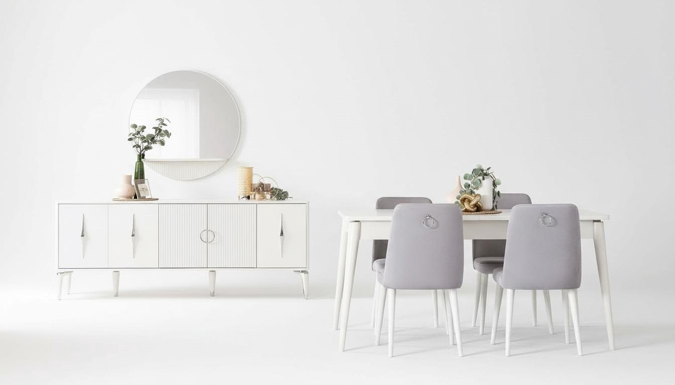 Dining set Dining room Dining table set 9 pcs Dining area White Wood Large