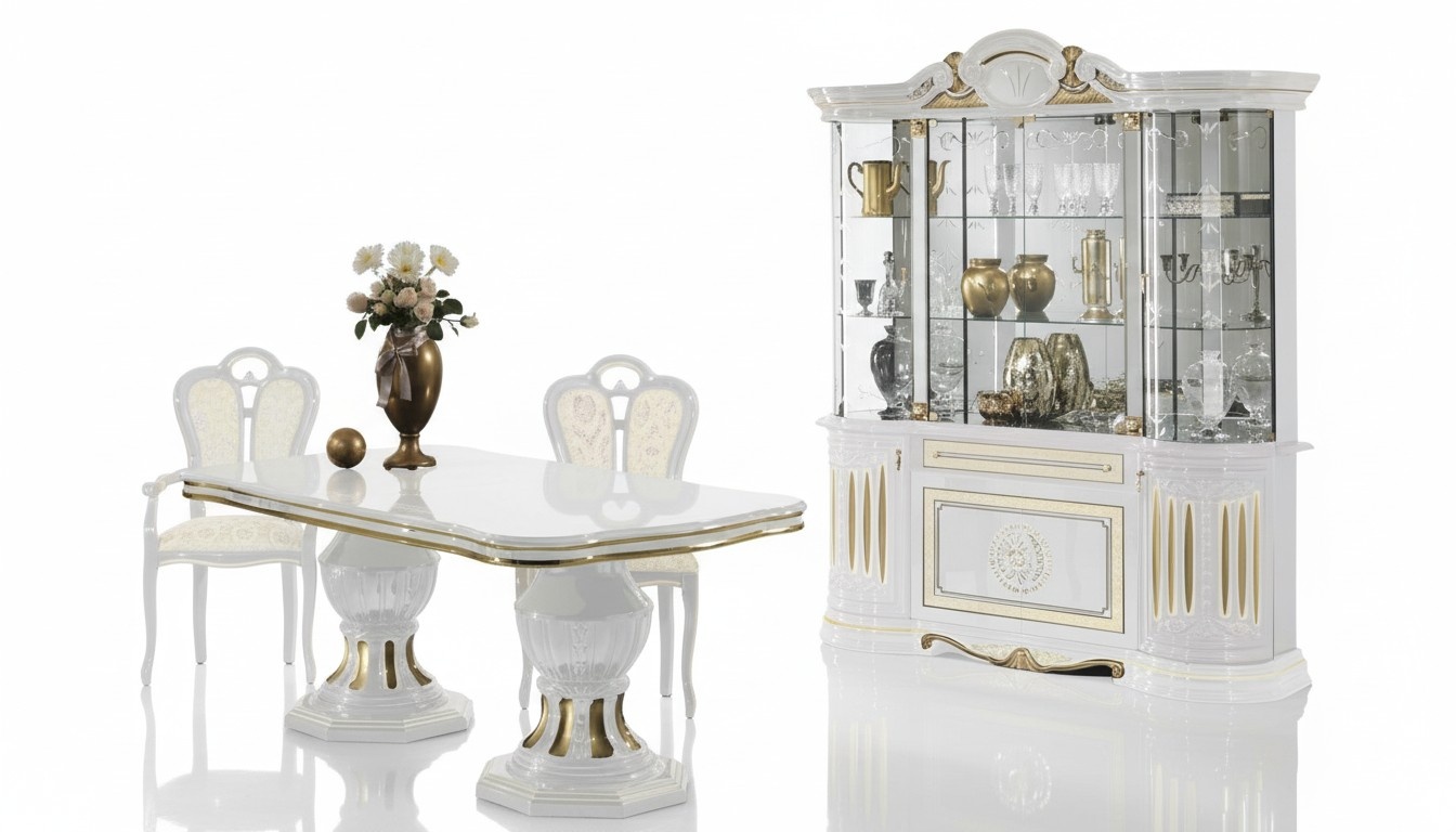 Rococo style made of real wooden dining room set of showcase & dining table