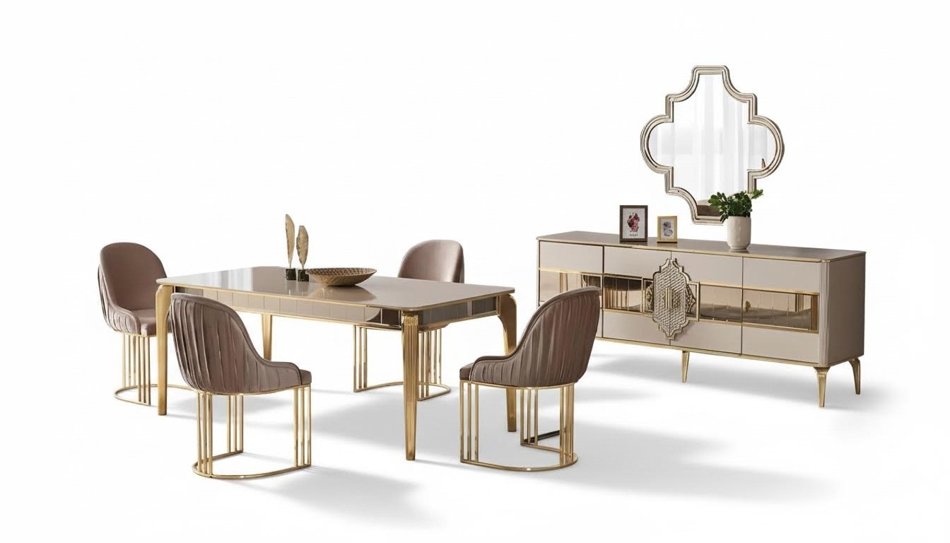 Dining room furniture dining set 7 pieces dining table chairs sideboard beige table