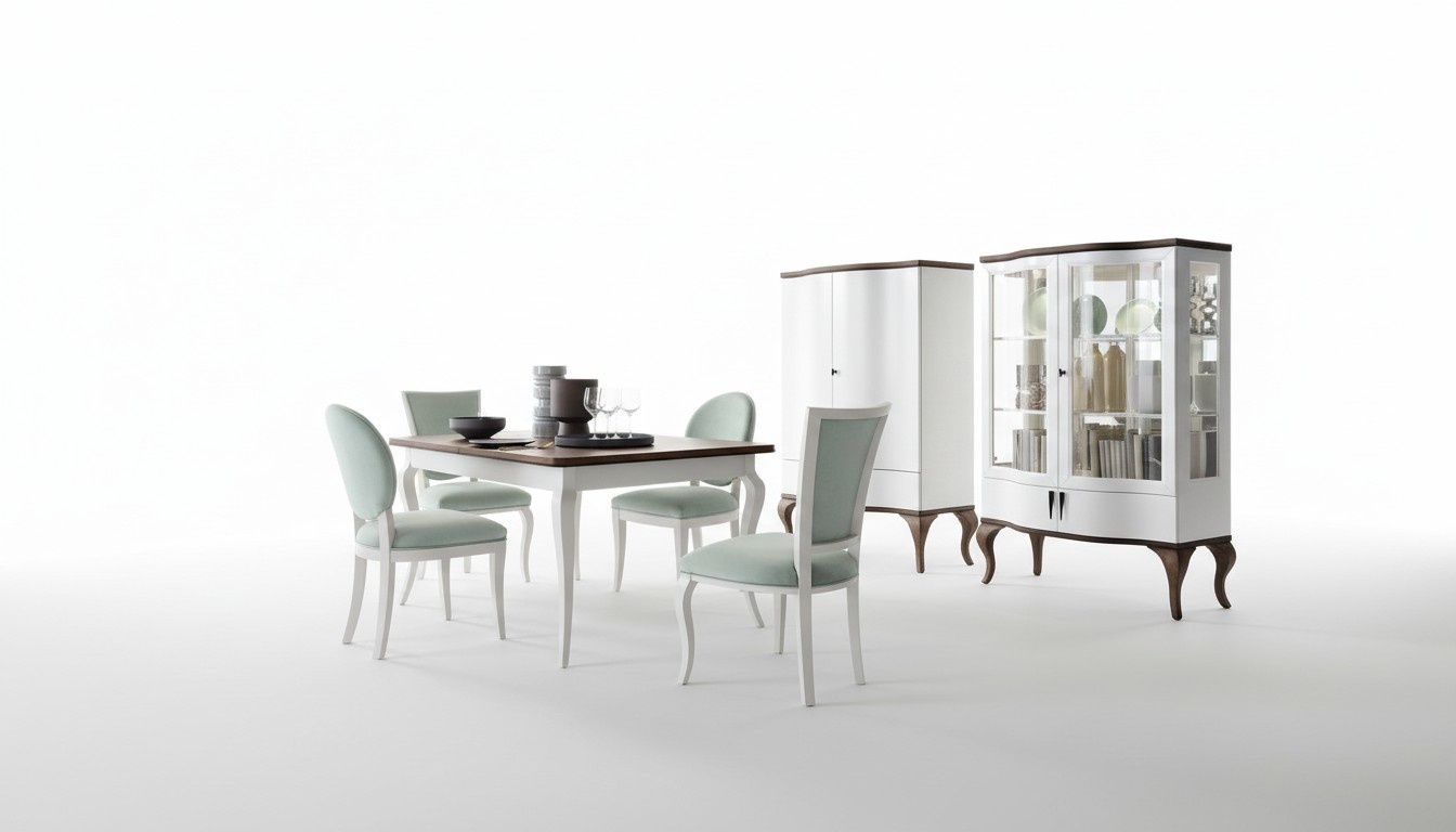 Classic style made of real wooden set of extendable dining table, 4x-chairs, sideboard & showcase