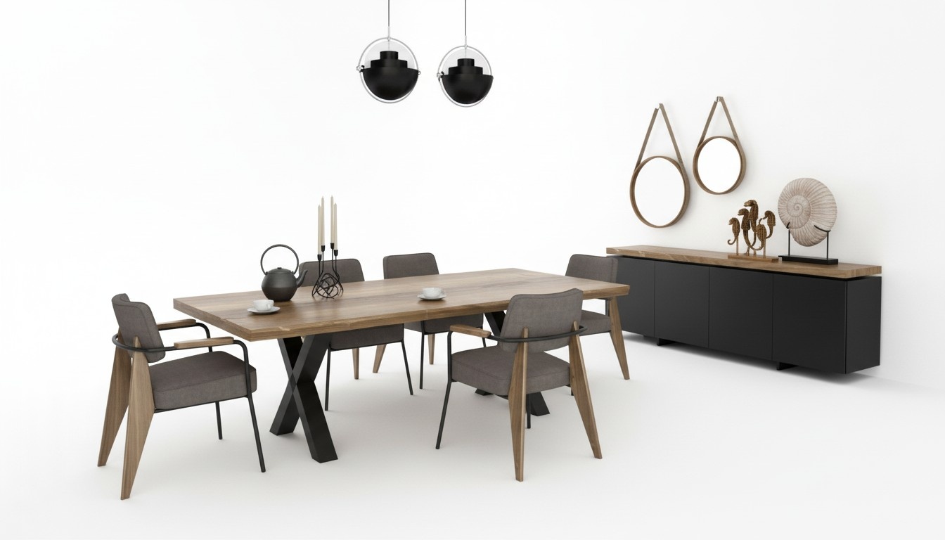 Dining room furniture set dining table chairs sideboard natural walnut - anthracite matt