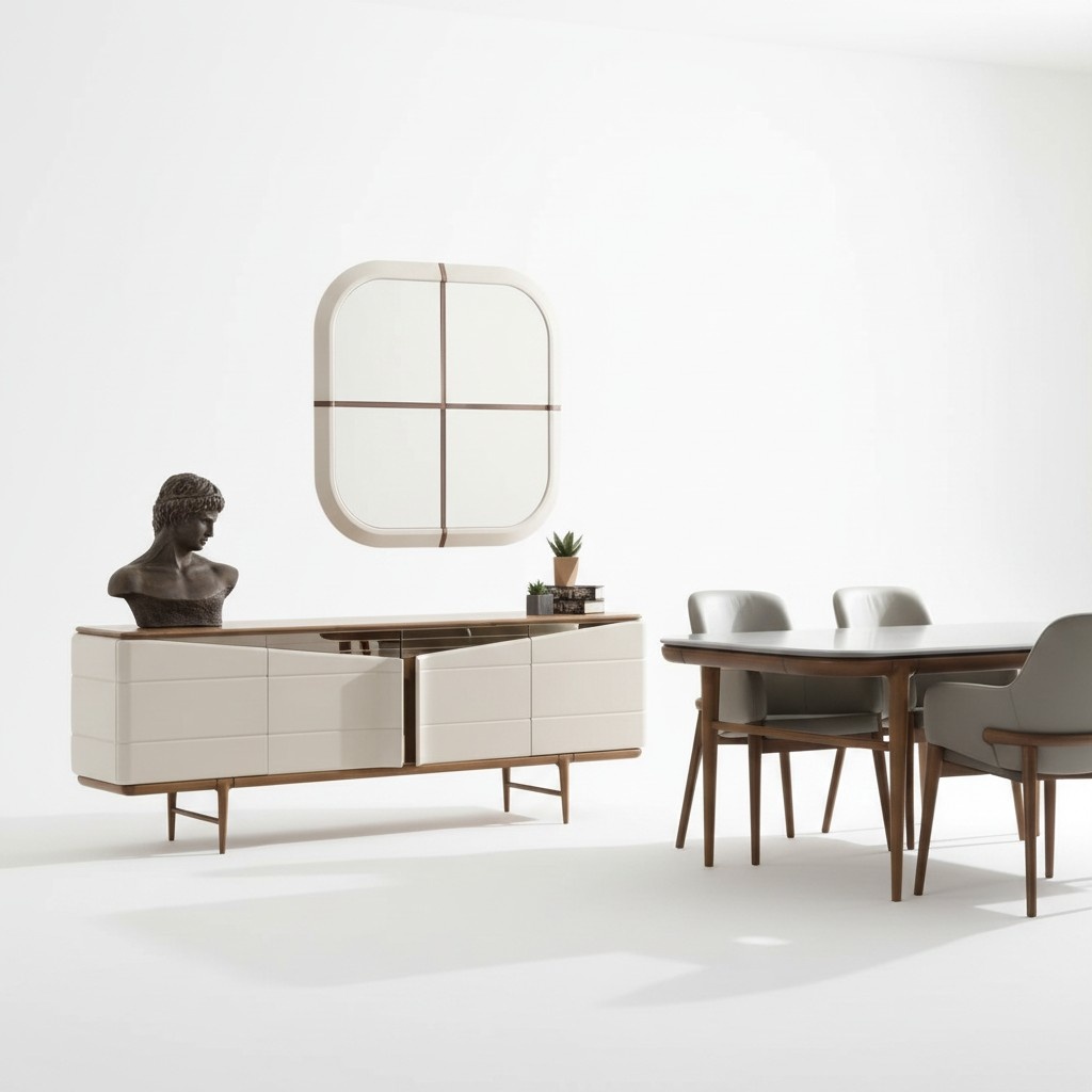 Dining Room Set Beige Sideboard Rectangular Mirror Luxurious Wooden Furniture