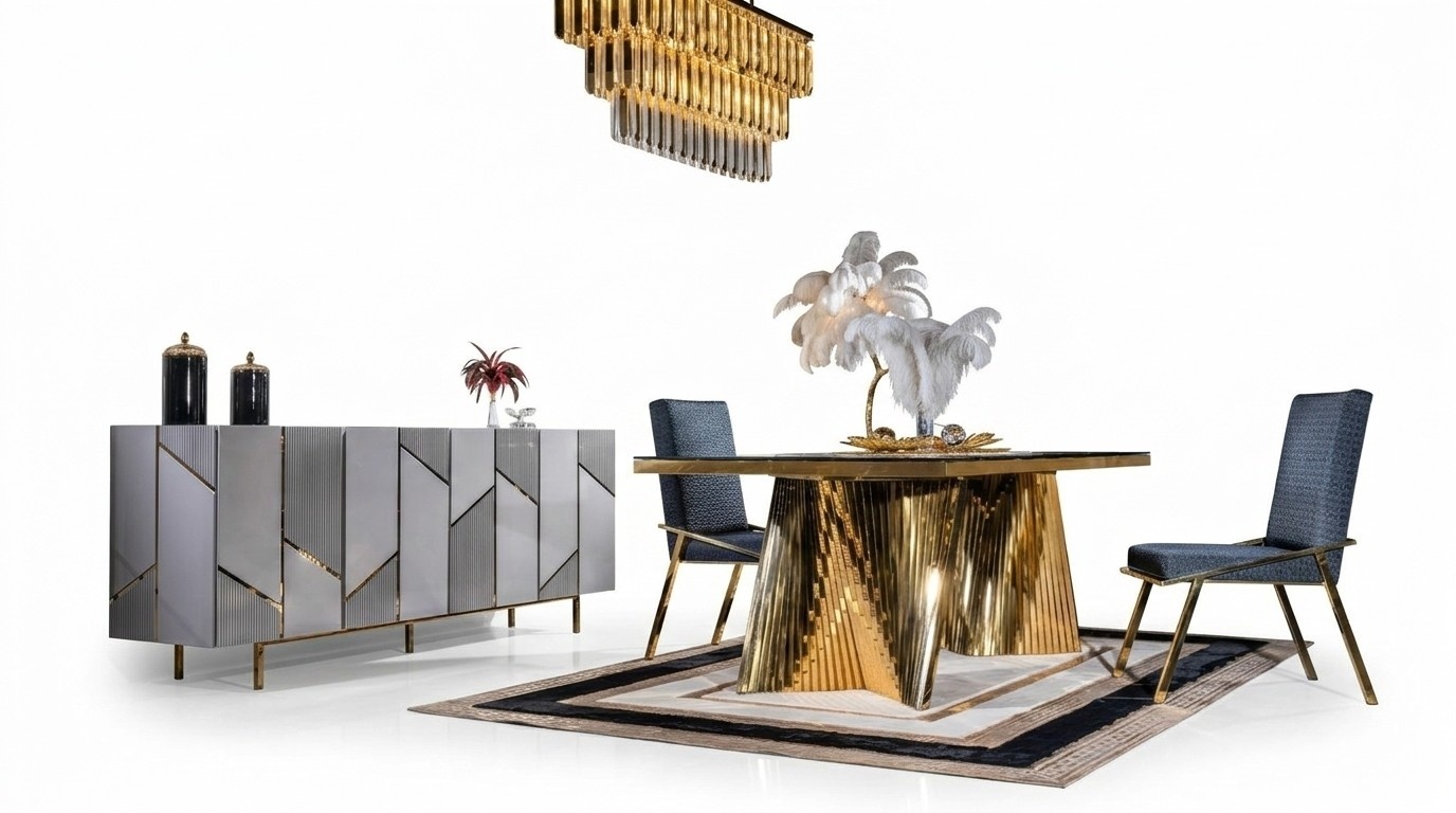 Dining room set chairs dining table sideboard tables 6 pieces stainless steel gold