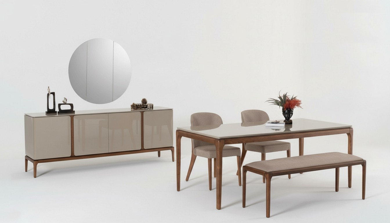 Dining Room Set Dining Table 4x Chairs Bench Sideboard Mirror 8pcs.
