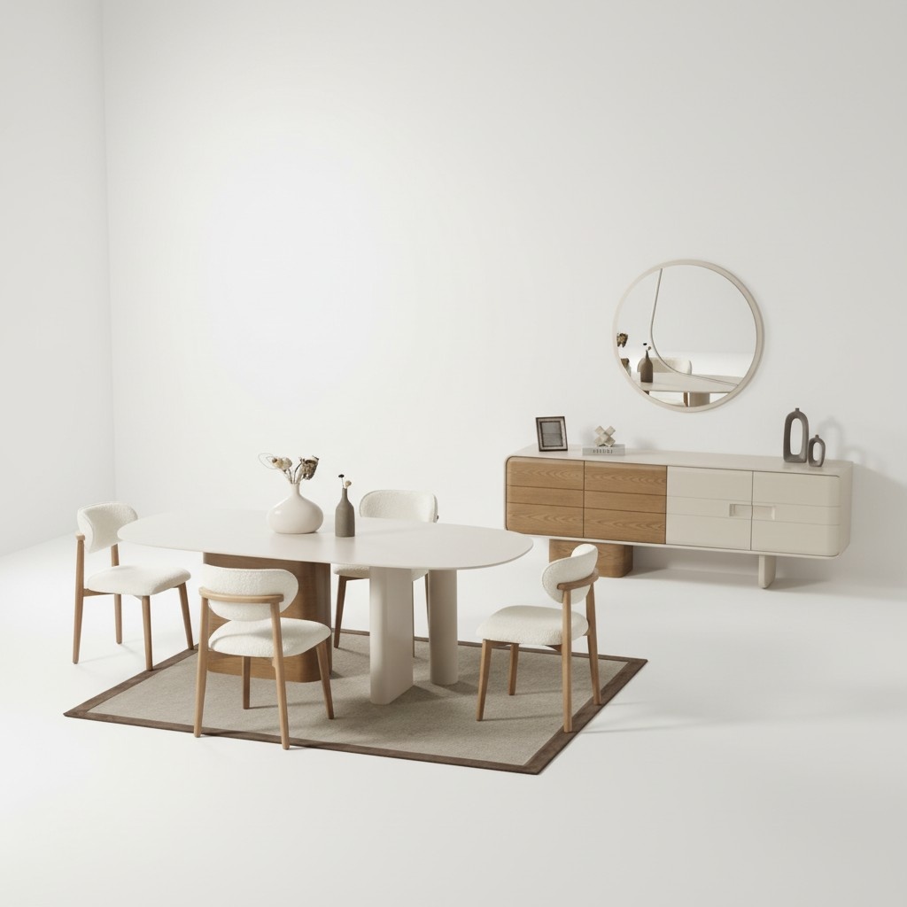 Dining room set dining table chairs console mirror white wooden furniture modern