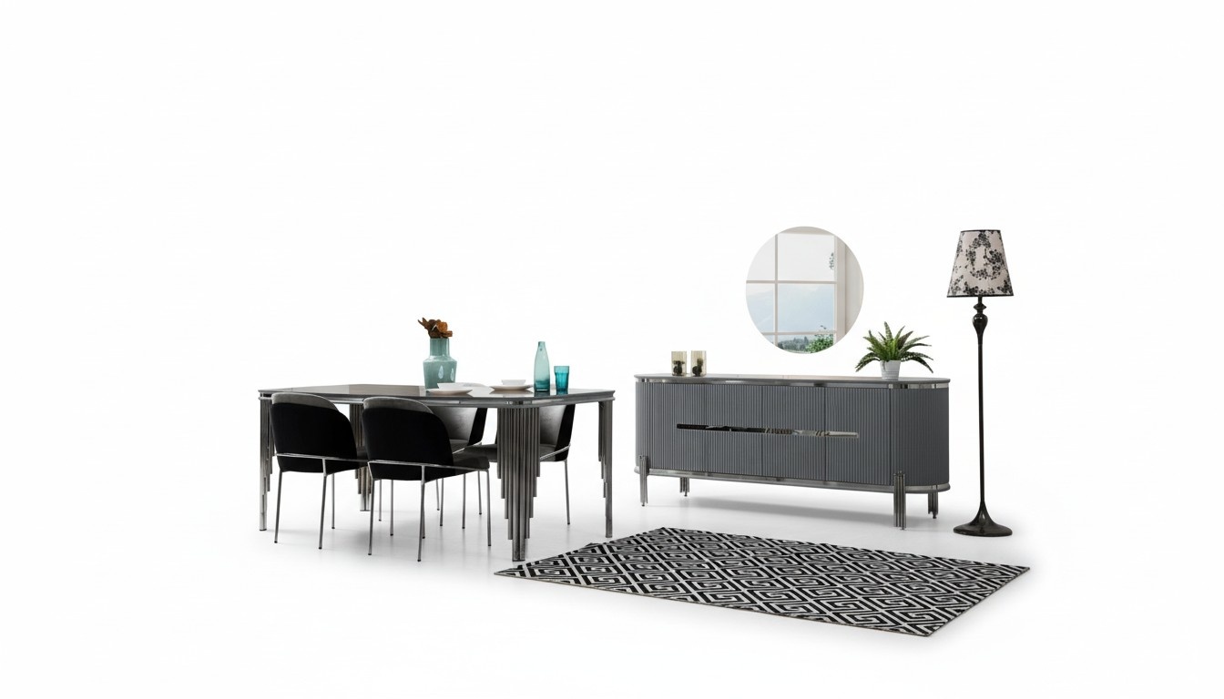 Dining Room Set Luxury Dining Table Chair Group Set Wooden Table Dresser Set 6pcs.