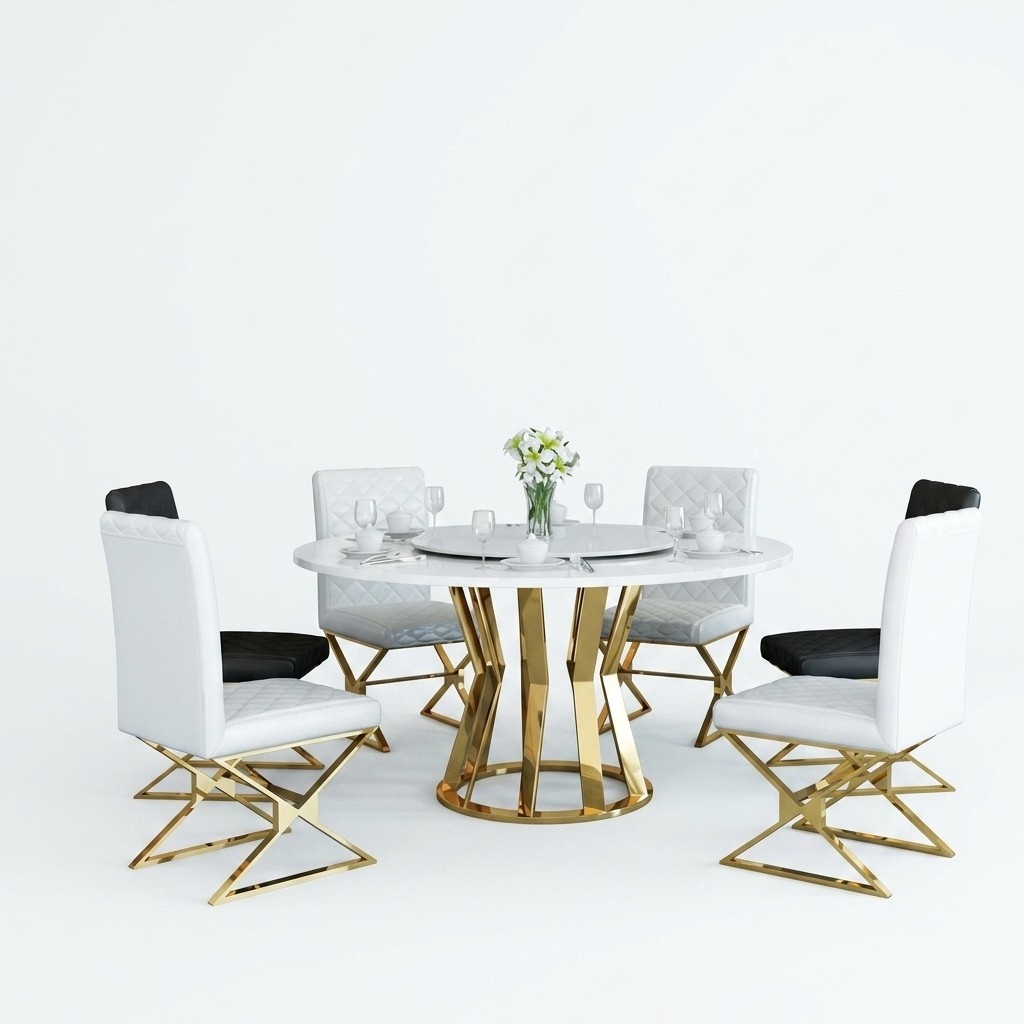 Dining Room Set Modern Dining Table + 6 Armchairs Metal Leather Set Group New