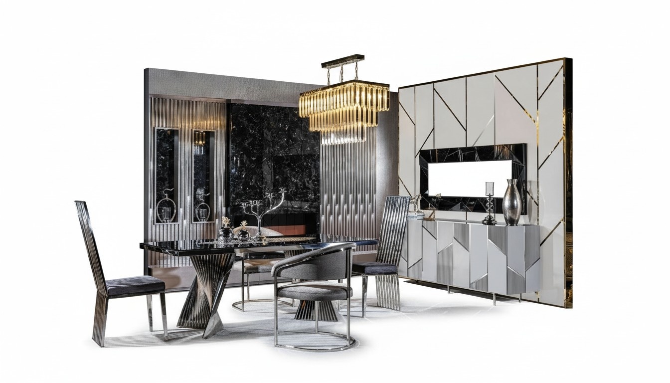 Dining room set table+4 chairs+sideboard+mirror Complete furniture new