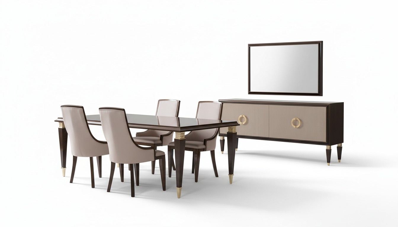 Dining Room Set: Table, 6 Chairs, Sideboard & Mirror – Stylish & Modern