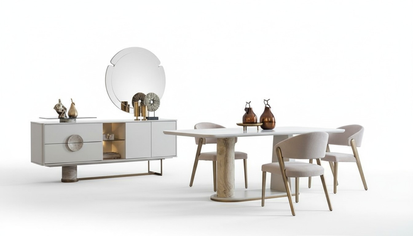 Dining room set 8 pieces. Living room furniture, table, 6 chairs, sideboard.