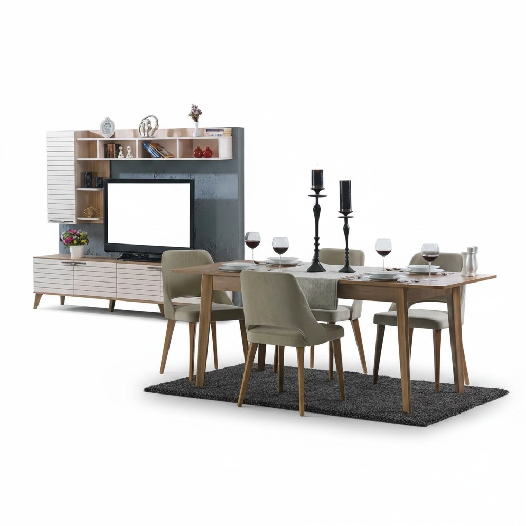 Dining table 4x chairs Modern wooden furniture living room set wall shelf design