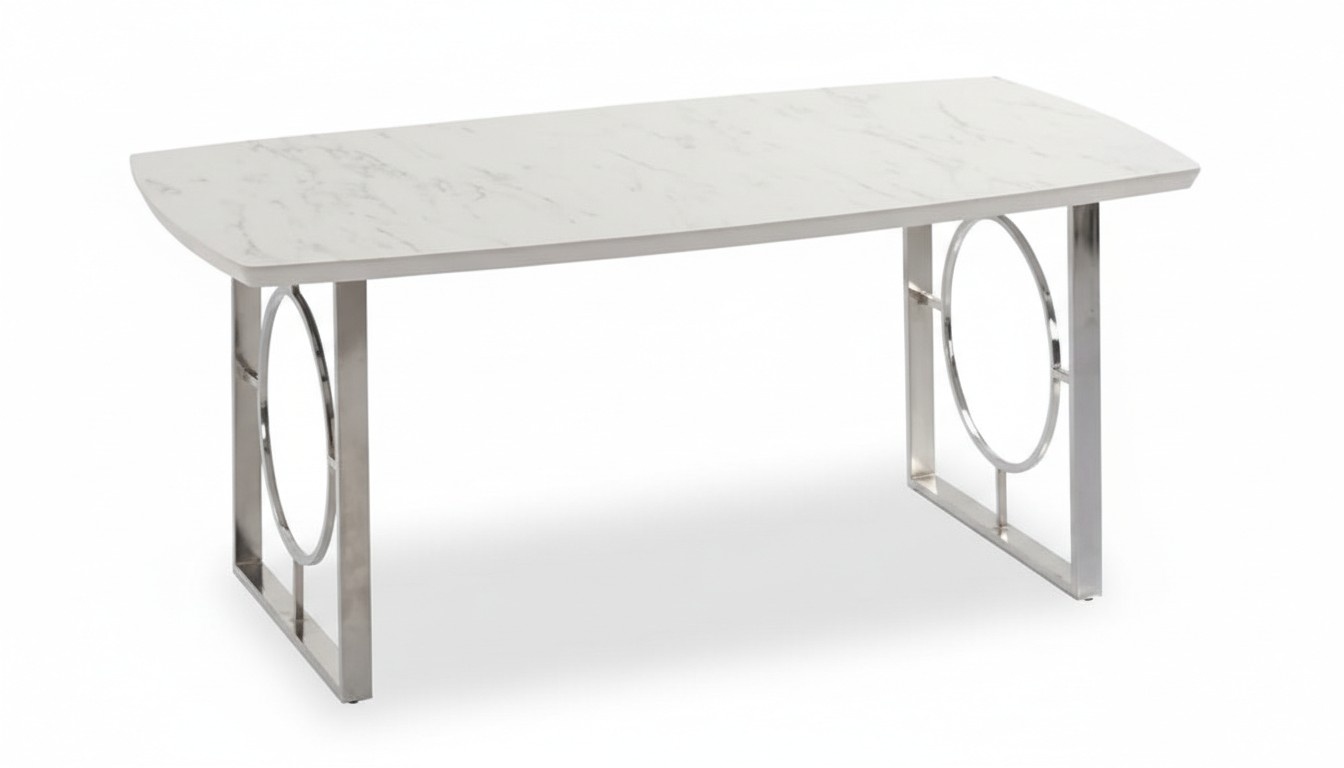 Light gray dining table rectangular wood table top stainless steel legs modern table