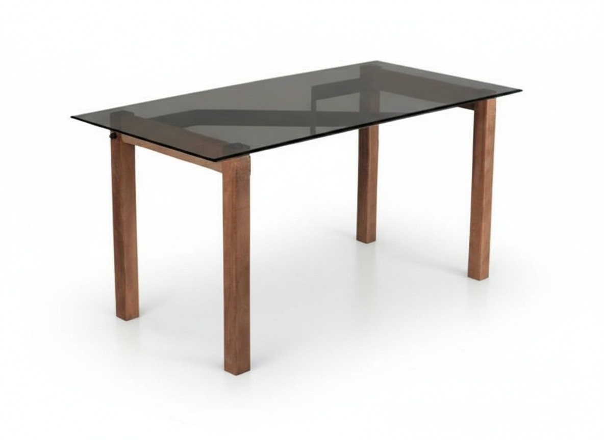 Glass dining table rectangular kitchen table with wooden legs.