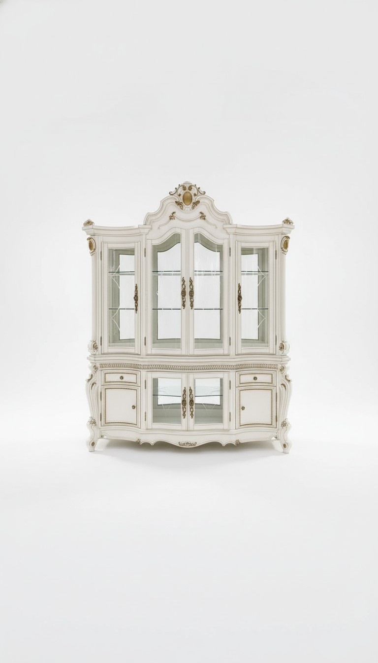 Baroque style made of real wooden massive showcase/cupboard with 8-swing doors, 2-sliding drawers & glass shelves